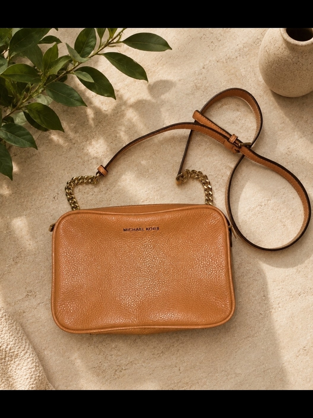 Michael Kors Cognac Leather Crossbody with Gold Chain Trim